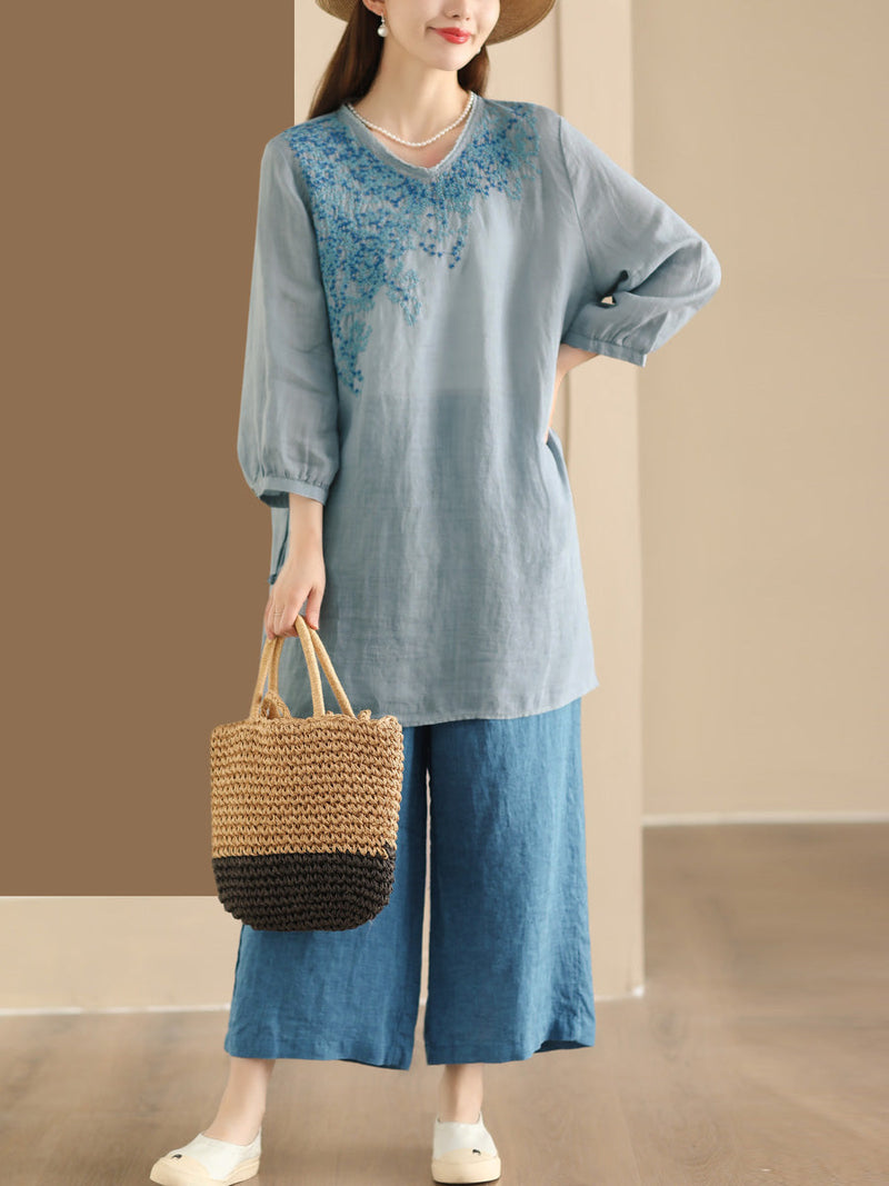 Summer Artsy Embroidery Ramie Long Shirt