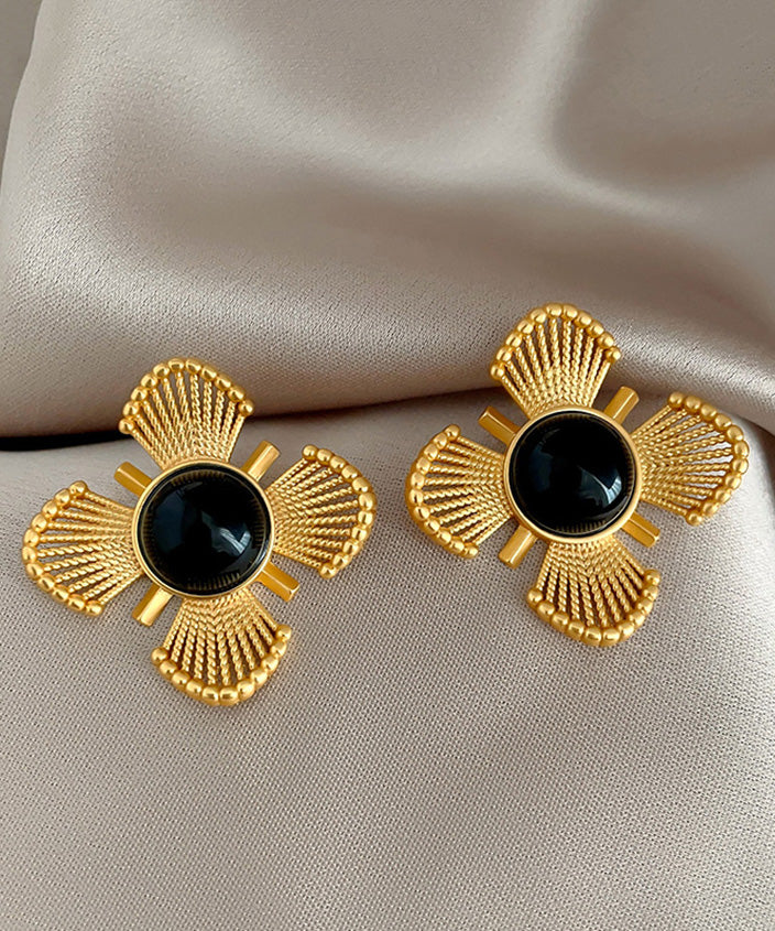 Gold Copper Crystal Hollow Out Stud Earrings