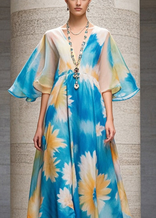 Blue V Neck Print Chiffon Long Dress Summer