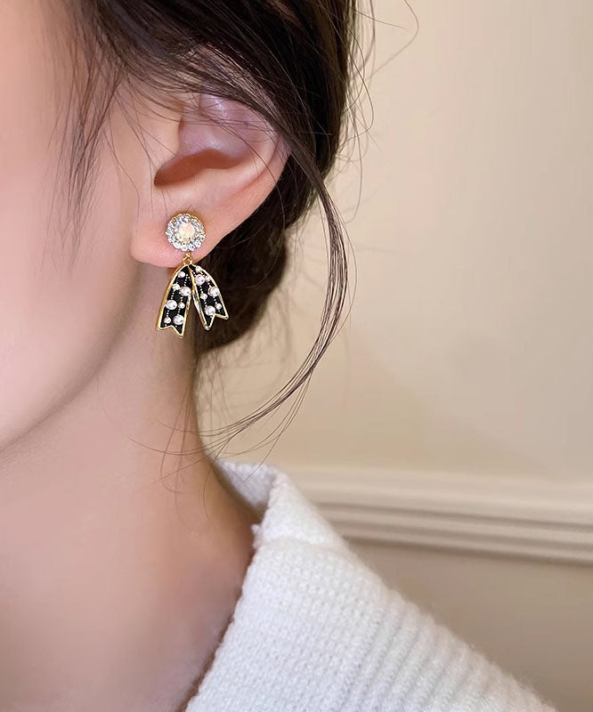Black Sterling Silver Zircon Pearl Tassel Drop Earrings