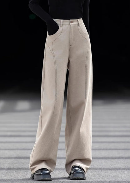 Beige Oversized Pockets Cotton Pants Spring