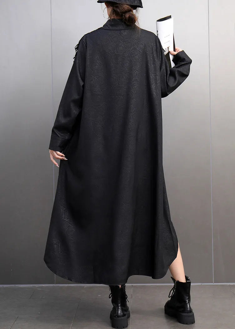 Black Peter Pan Collar Asymmetrical Lace Patchwork Long Shirts Dress Spring