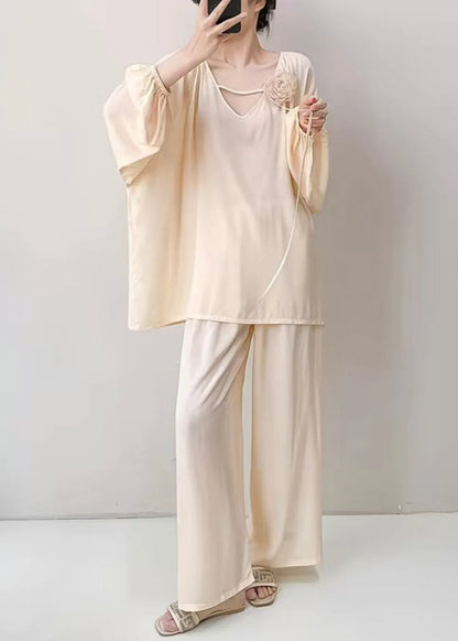 Apricot Oversized Cotton Fall Pajamas Two Pieces Set V Neck