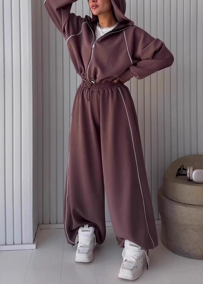 Coffee Hooded Drawstring Coat and Pants Cotton Two Piece Set Fall