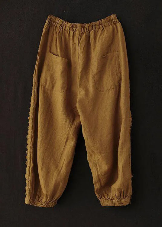 Unique Brick Red Lace Patchwork Linen Crop Pants Summer