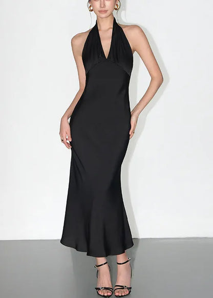 Black Backless Lace Up Silk Long Dress V Neck Summer