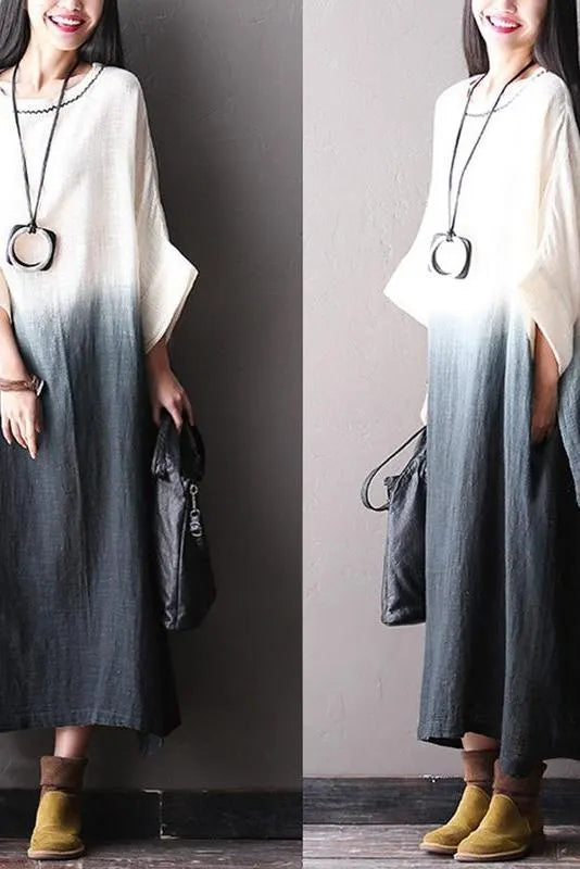 Bat Sleeve Cotton Linen Loose Fitting Long Dresses for