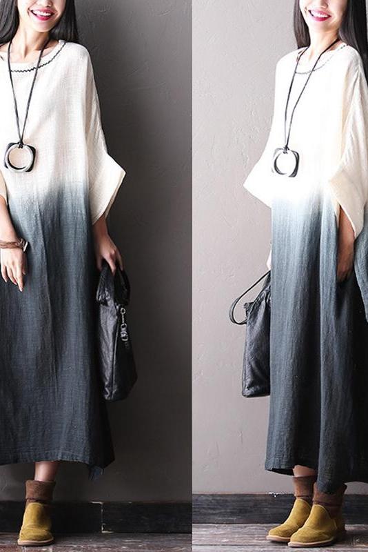 Bat Sleeve Cotton Linen Loose Fitting Long Dresses for