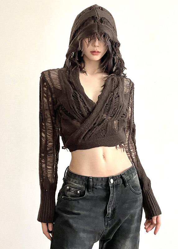 Handmade Coffee Hole Knit Hooded Top Long Sleeve
