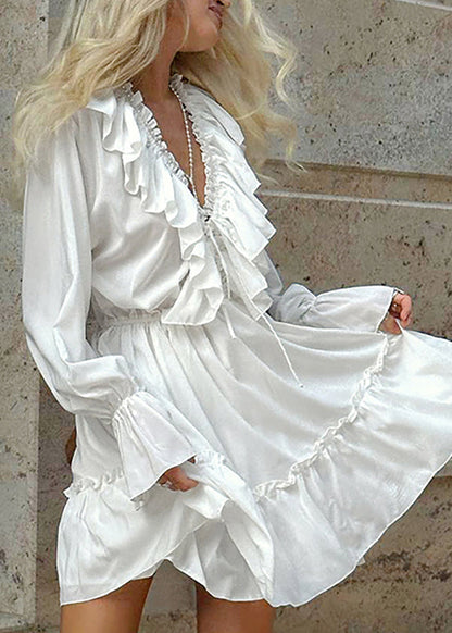Unique White V Neck Ruffled Patchwork Chiffon Mid Dress Spring