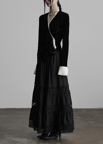 Unique Black V Neck Patchwork Silk Velour Top Spring
