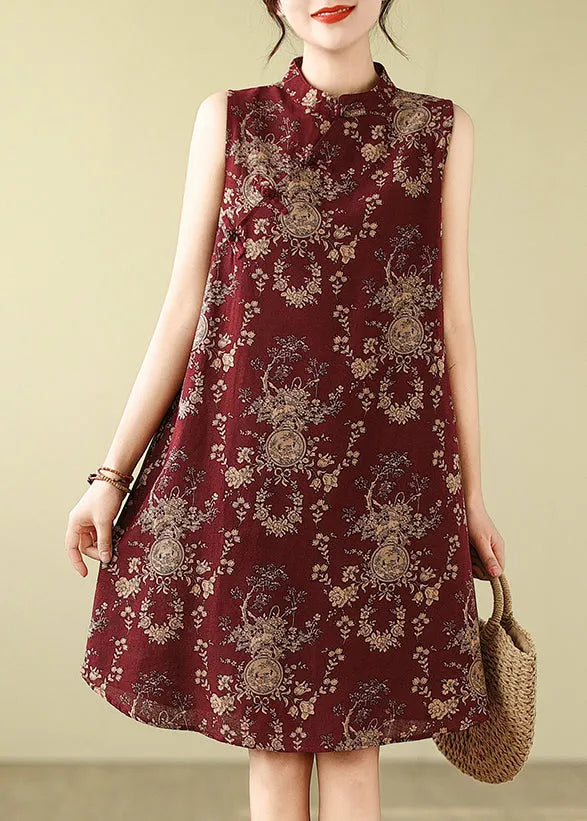 New Retro Mulberry Mandarin Collar Print Cotton a Line Dress Sleeveless
