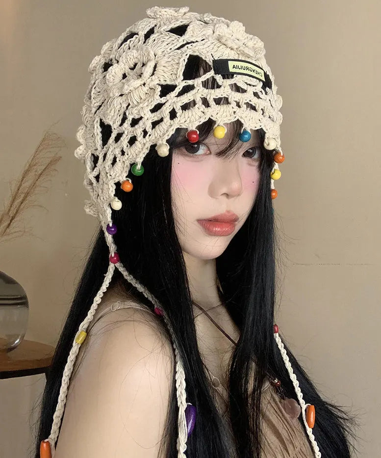 Beige Tassel Hollow Out Knit Boonie Hat