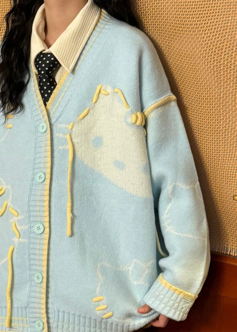 Blue Hole Cats Patchwork Knit Coats V Neck