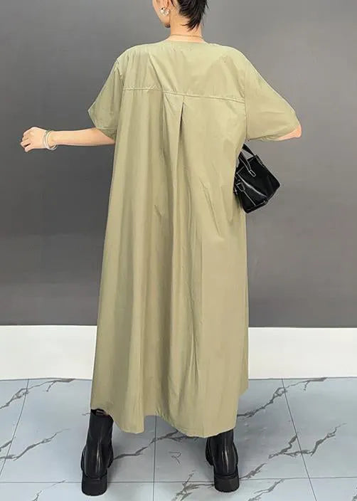 Loose Khaki O Neck Patchwork Cotton Dress Summer