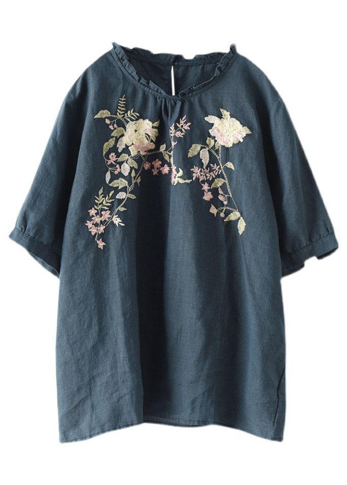 Navy Ruffled Embroidered Summer Linen Shirt