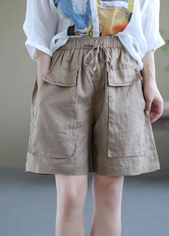 Art Red Tie Waist Patchwork Summer Hot Pants Linen