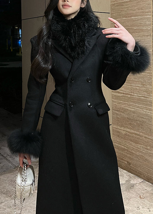 Black Fur Patchwork Woolen Fine Cotton Filled Coat Winter