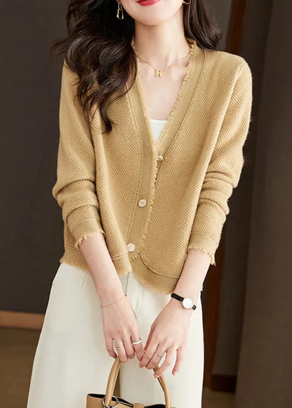 New Beige V Neck Button Wool Knit Cardigan Fall