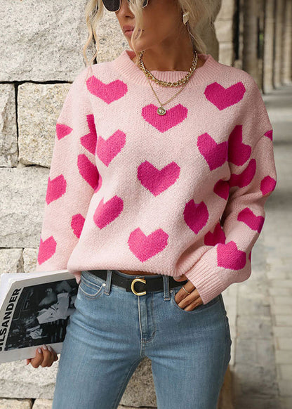 Diy Pink O Neck Thick Heart Jacquard Knit Pullover Fall