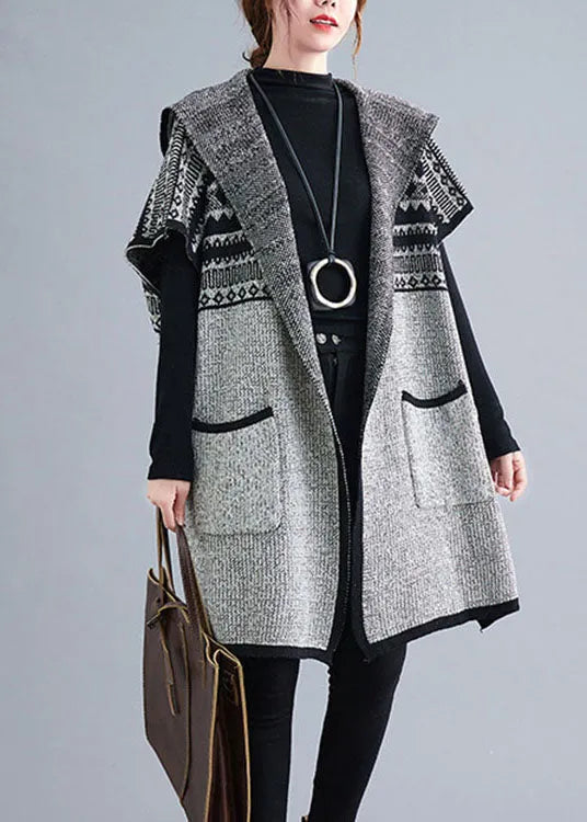 Grey Hooded Short Sleeve Pockets Loose Fall Knit Sweater Cardigans