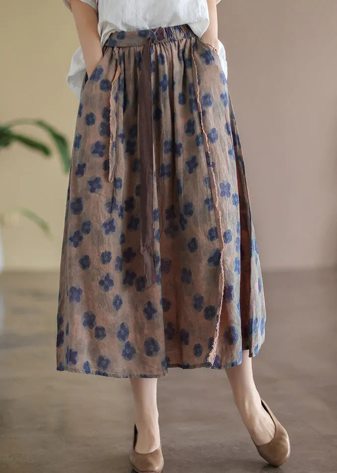 Khaki Elastic Waist Print Linen Skirts Summer