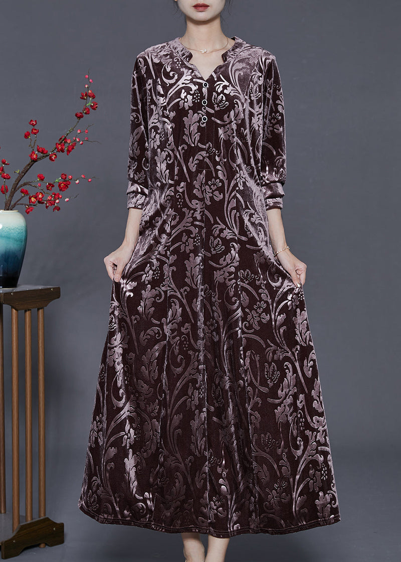 Chocolate Jacquard Silk Velvet Long Dress Two Piece Set Fall