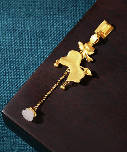 Gold Ancient Gold Jade Lotus Tassel Brooches