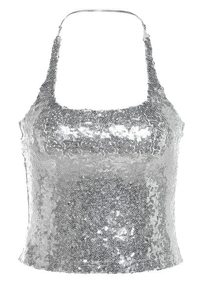 Style Silver Backless Halter Sequins Short Top Sleeveless