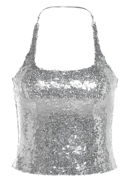 Style Silver Backless Halter Sequins Short Top Sleeveless