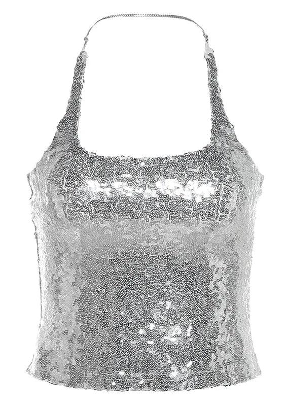 Style Silver Backless Halter Sequins Short Top Sleeveless