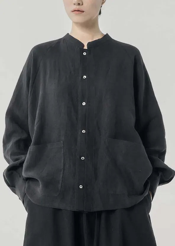 Chinese Style Linen Stand Collar Pockets Shirts Spring