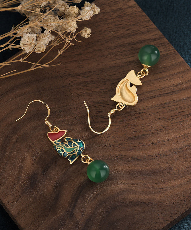 Green Ancient Gold Chalcedony a Fish Leaping Over the Dragon Gate Drop Earrings