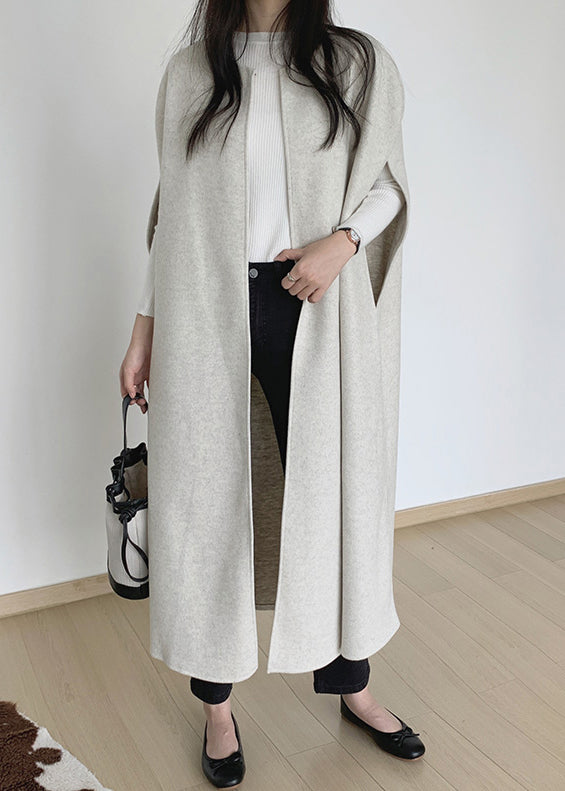 Beige Woolen Long Waistcoat O Neck Winter