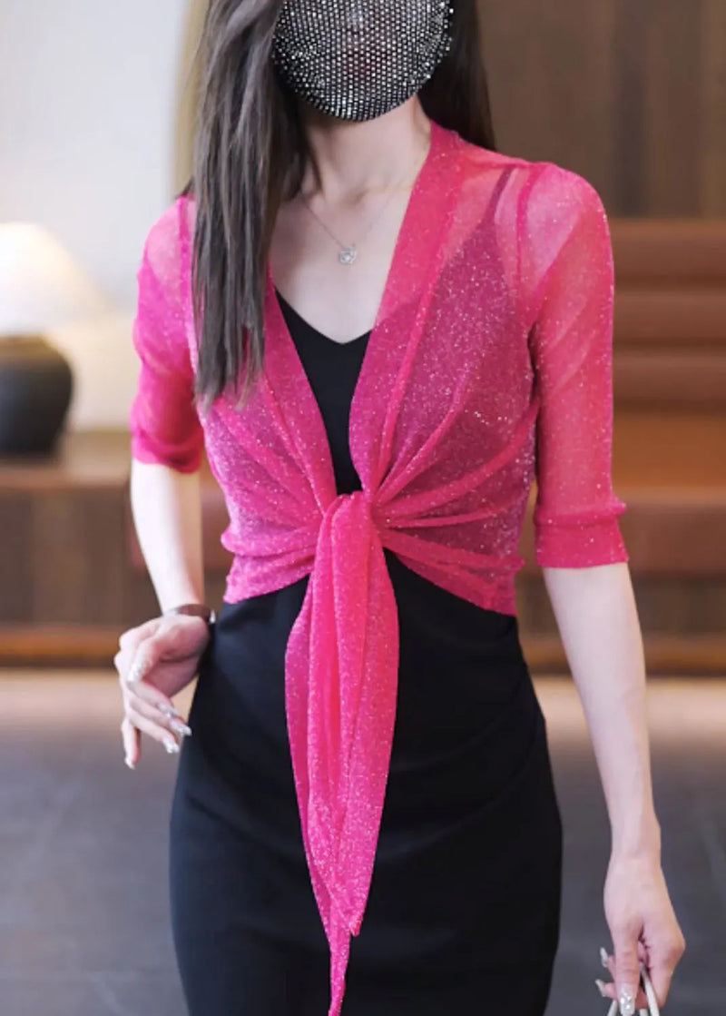 Simple Rose V Neck Lace Up Tulle Cardigans Half Sleeve
