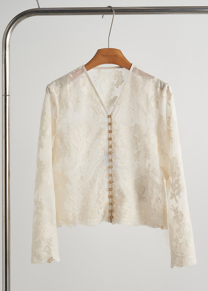 White Jacquard Nail Bead Lace Tops Fall