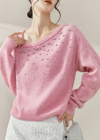 Pink O-neck Nail Bead Cozy Cotton Knit Sweater Spring