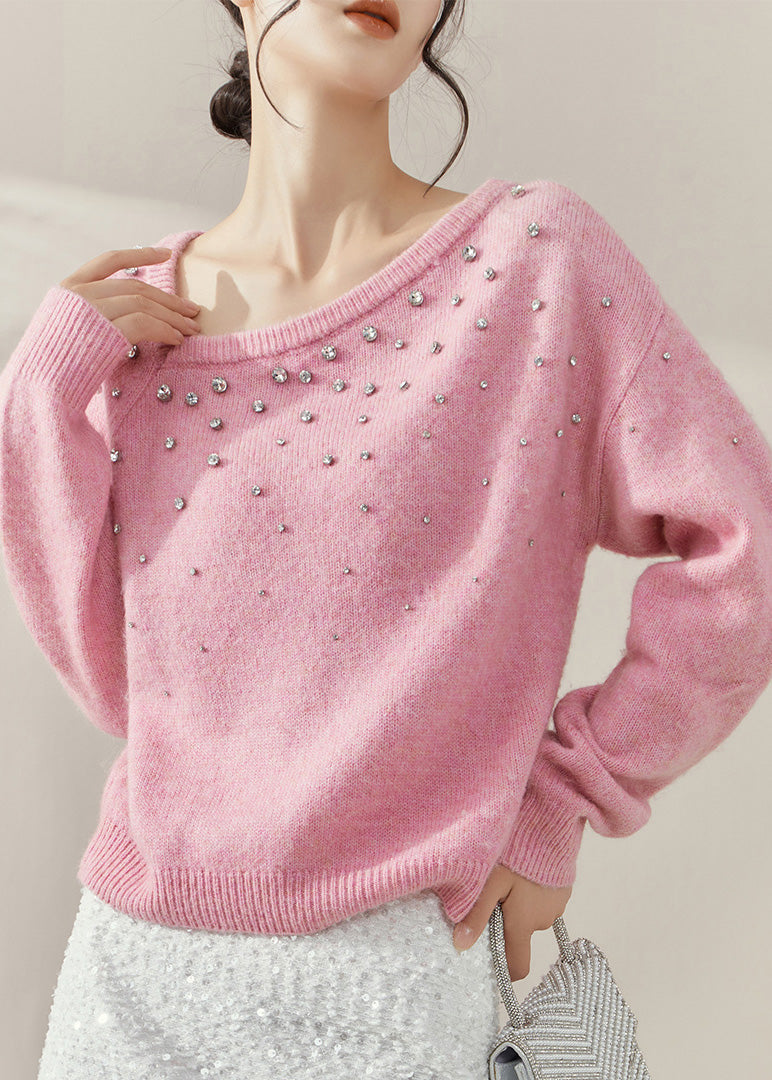 Pink O-neck Nail Bead Cozy Cotton Knit Sweater Spring