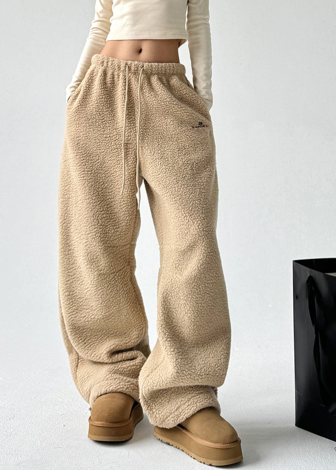 Yellow Pockets Drawstring Faux Fur Thick Trousers Spring