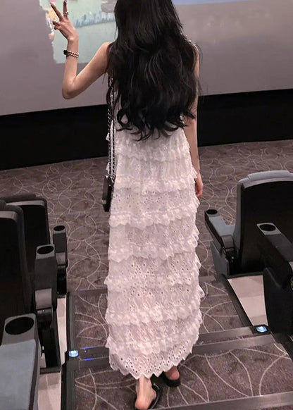 Stylish White Ruffled Side Open Lace Spaghetti Strap Dress Sleeveless