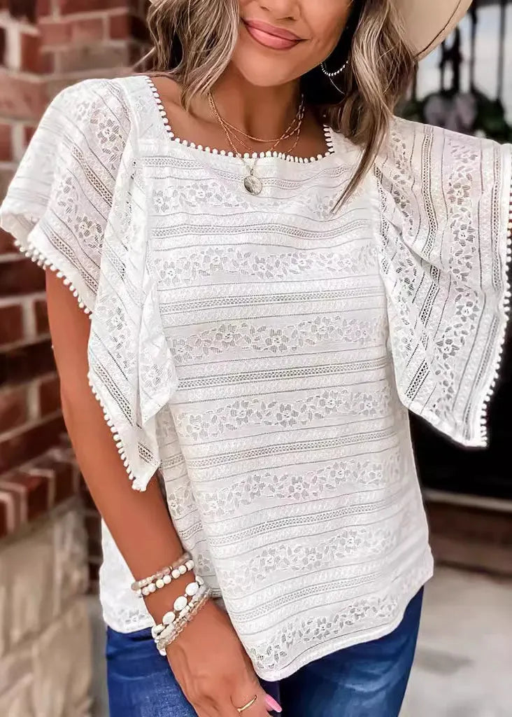White Square Collar Hollow Out Lace Blouses Summer