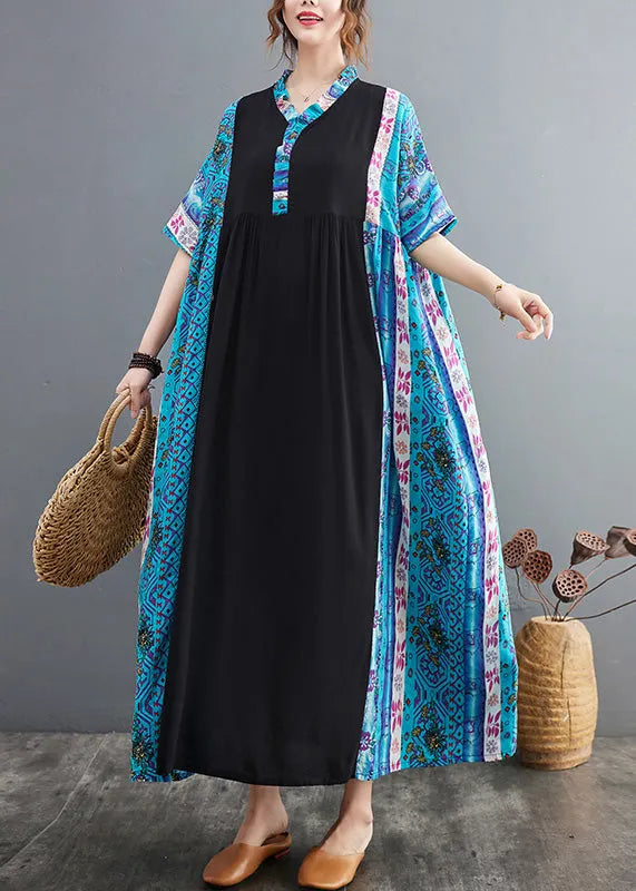 Blue Ruffled Print Patchwork Cotton Exra Large Hem Dress Summer