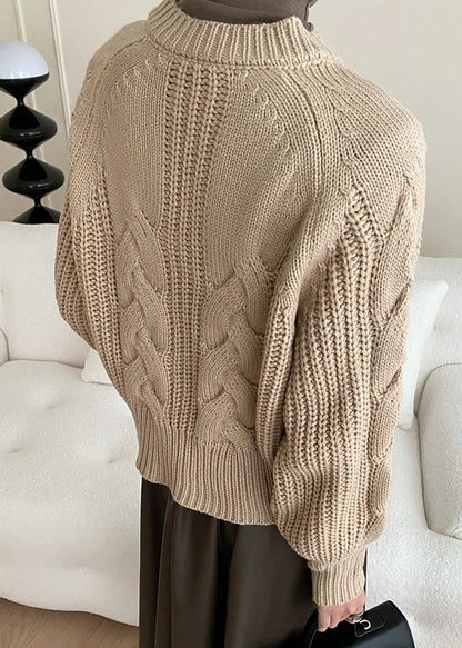 Khaki Cozy Knit Sweaters V Neck Fall