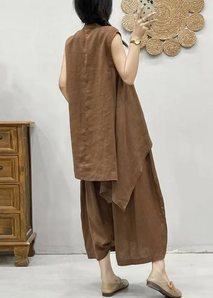Coffee Stand Collar Asymmetrical Patchwork Linen Waistcoat and Crop Pants Two Pieces Set Summer