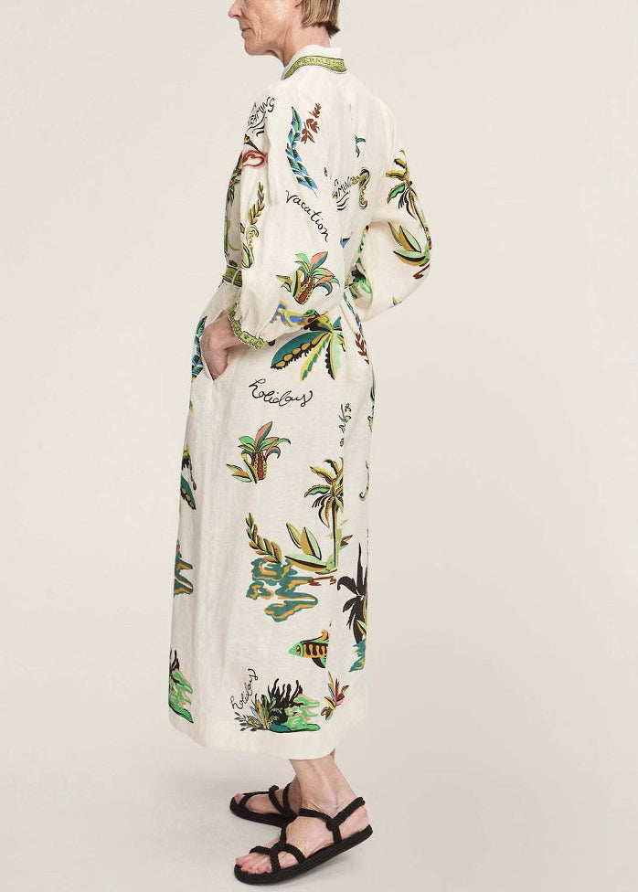 Green Print Pockets Tie Waist Linen Blouses Dresses Spring
