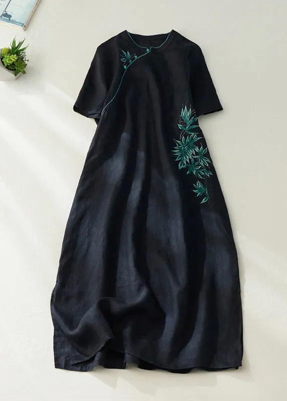Red Embroidered Side Open Long Dress Short Sleeve