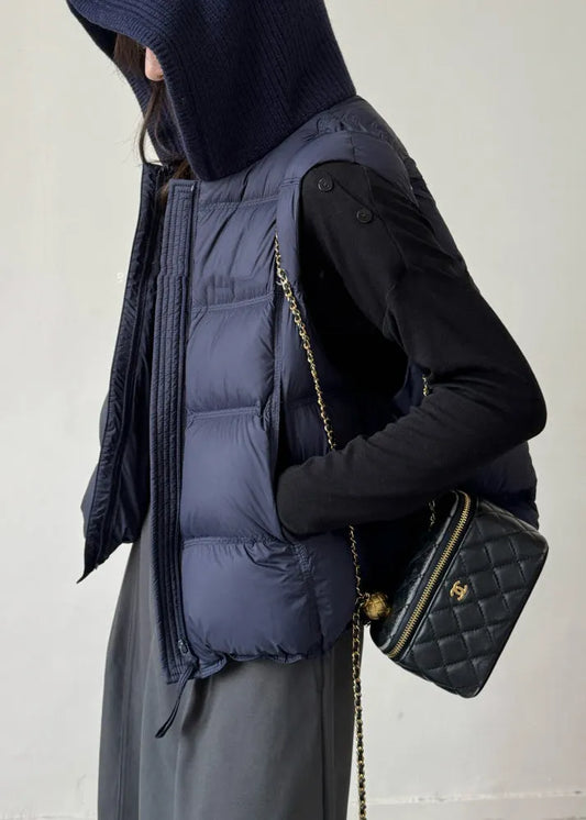 Navy Drawstring Patchwork Duck Down Waistcoat Zippered Winter