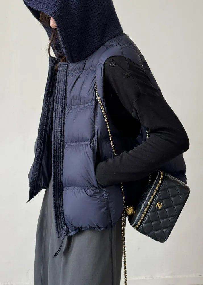 Navy Drawstring Patchwork Duck Down Waistcoat Zippered Winter