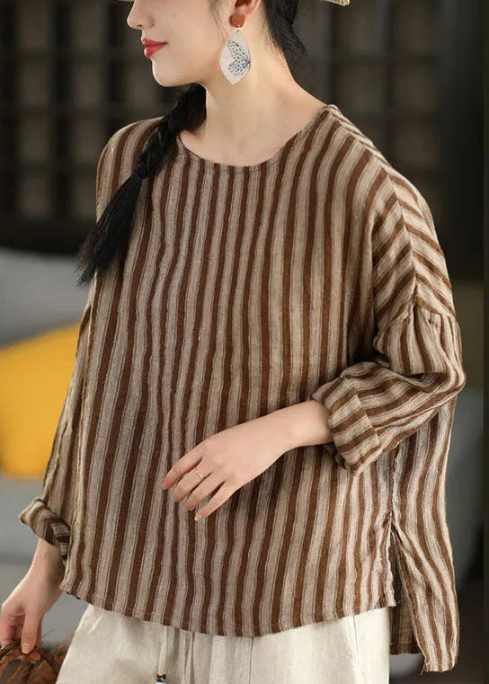Red O Neck Striped Loose Linen Top Long Sleeve