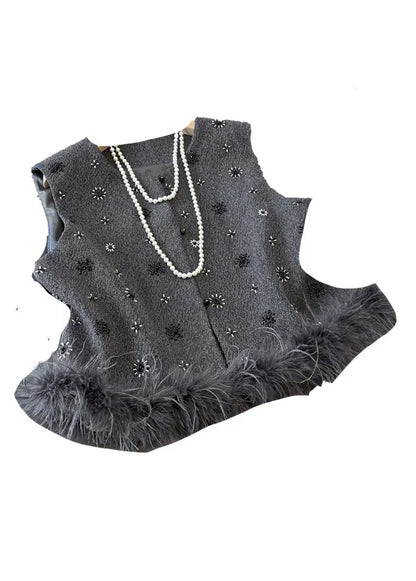 French Grey Sequins Fuzzy Fur Fluffy Waistcoat Fall